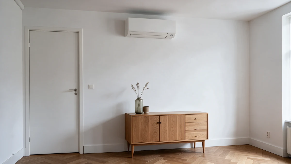 Witte Daikin Perfera wandairco hoog aan de witte muur van een Nederlandse woonkamer, naast een witte binnendeur en boven een eiken dressoir met een vaas op een visgraatvloer.