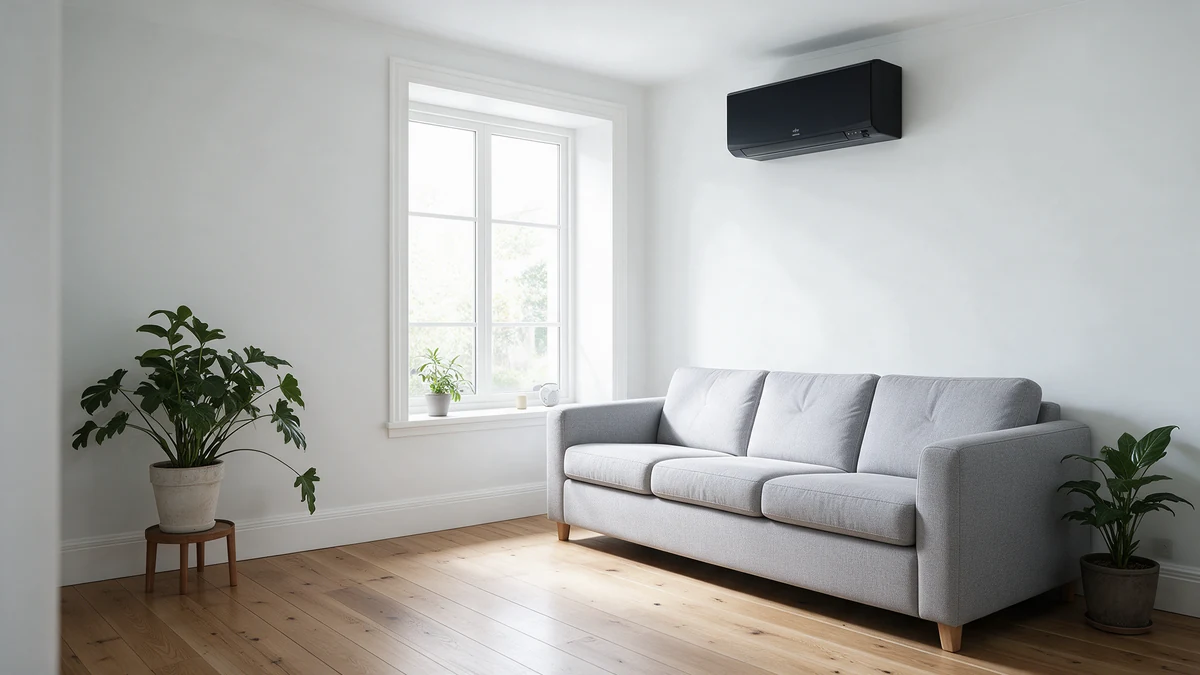 Zwarte Fujitsu KJC wandairco hoog aan de witte muur van een lichte Nederlandse woonkamer, naast een groot raam met wit kozijn en boven een lichtgrijze bank met planten.