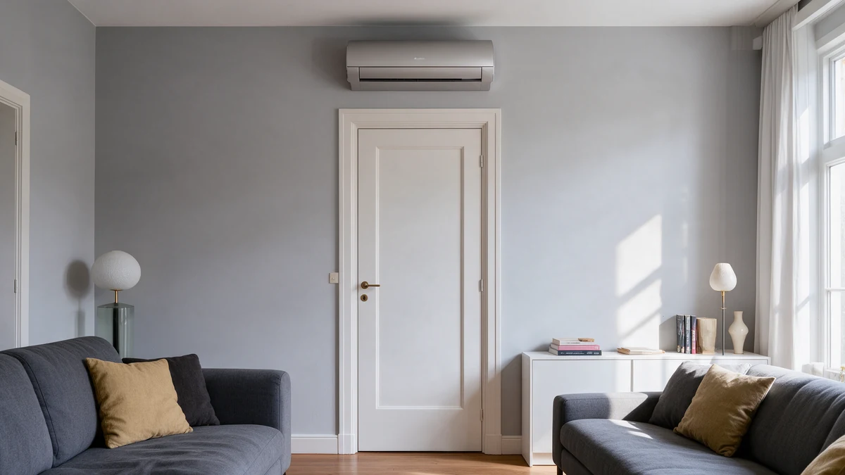 Champagnekleurige Gree Fairy wandairco hoog aan de lichtgrijze muur van een Nederlandse woonkamer, boven een witte binnendeur, met grijze banken en een wit kastje ernaast.
