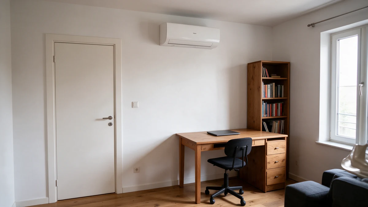 Witte Haier Pearl Premium wandairco hoog aan de witte muur van een Nederlandse werkkamer, naast de witte deur naar de overloop en boven een houten bureau met boekenkast.