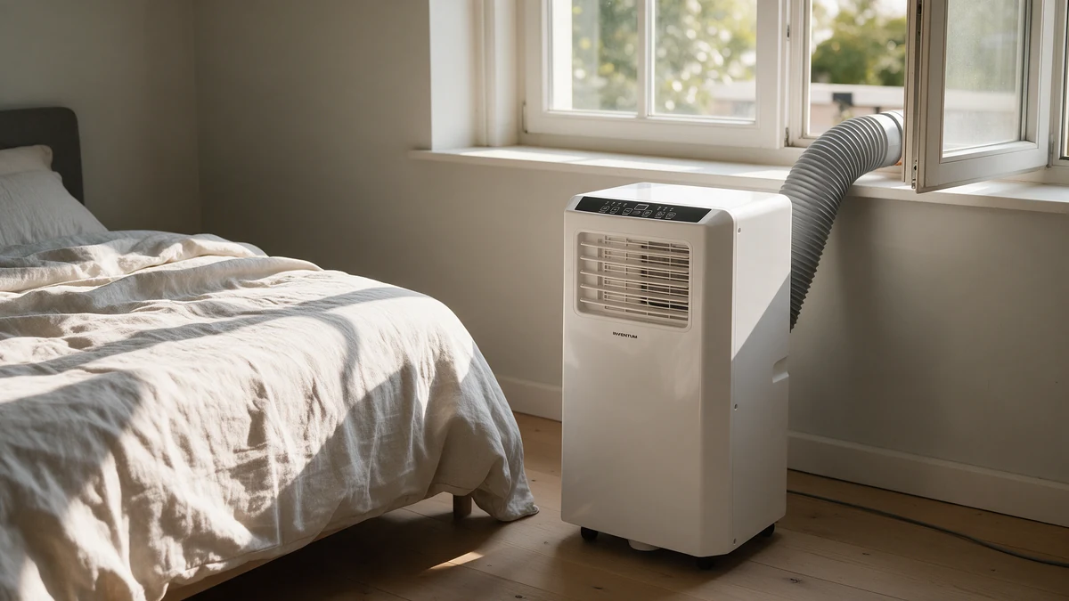 Witte mobiele Inventum AC901 airco op de houten vloer van een Nederlandse slaapkamer, met de afvoerslang naar het openstaande raam en een bed ernaast.
