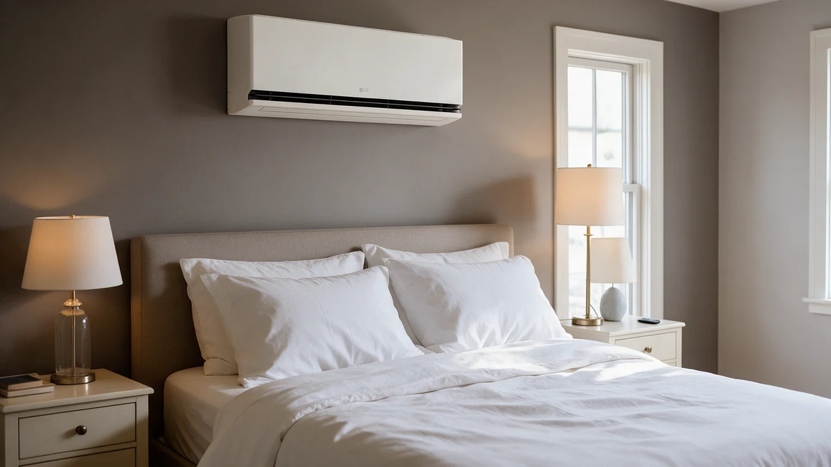 Witte LG DUALCOOL wandairco hoog aan de warmgrijze muur van een Nederlandse slaapkamer, boven een tweepersoonsbed met wit beddengoed en twee nachtlampjes.