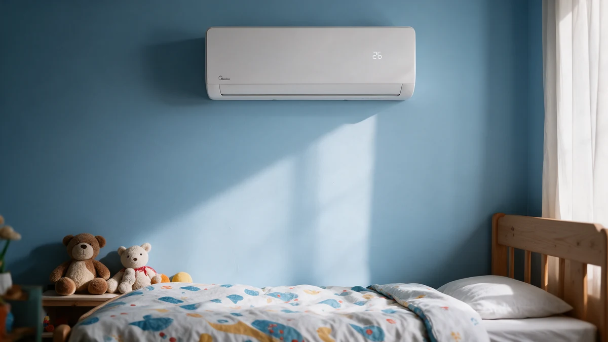 Witte Midea Xtreme Save wandairco met klein display hoog aan de lichtblauwe muur van een Nederlandse kinderkamer, boven een houten bed met een vrolijk dekbed.