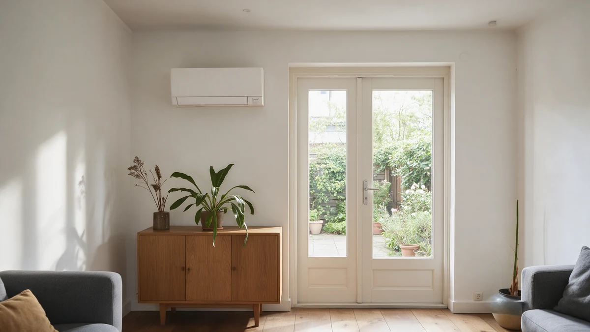 Witte Mitsubishi Electric MSZ-AY wandairco hoog aan de witte muur van de woonkamer van een Nederlandse rijtjeswoning, naast witte tuindeuren en boven een eiken kastje met planten.