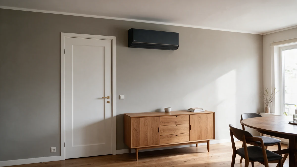 Antracietkleurige Panasonic Etherea wandairco hoog aan de lichtgrijze muur van een Nederlandse woon- en eetkamer, naast een witte binnendeur en boven een eiken dressoir.