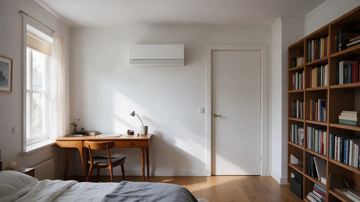 Witte Samsung WindFree Premiere+ wandairco hoog aan de witte muur van een Nederlandse slaap- en werkkamer, naast de witte deur en tegenover het bed, met een bureau bij het raam en een boekenkast.