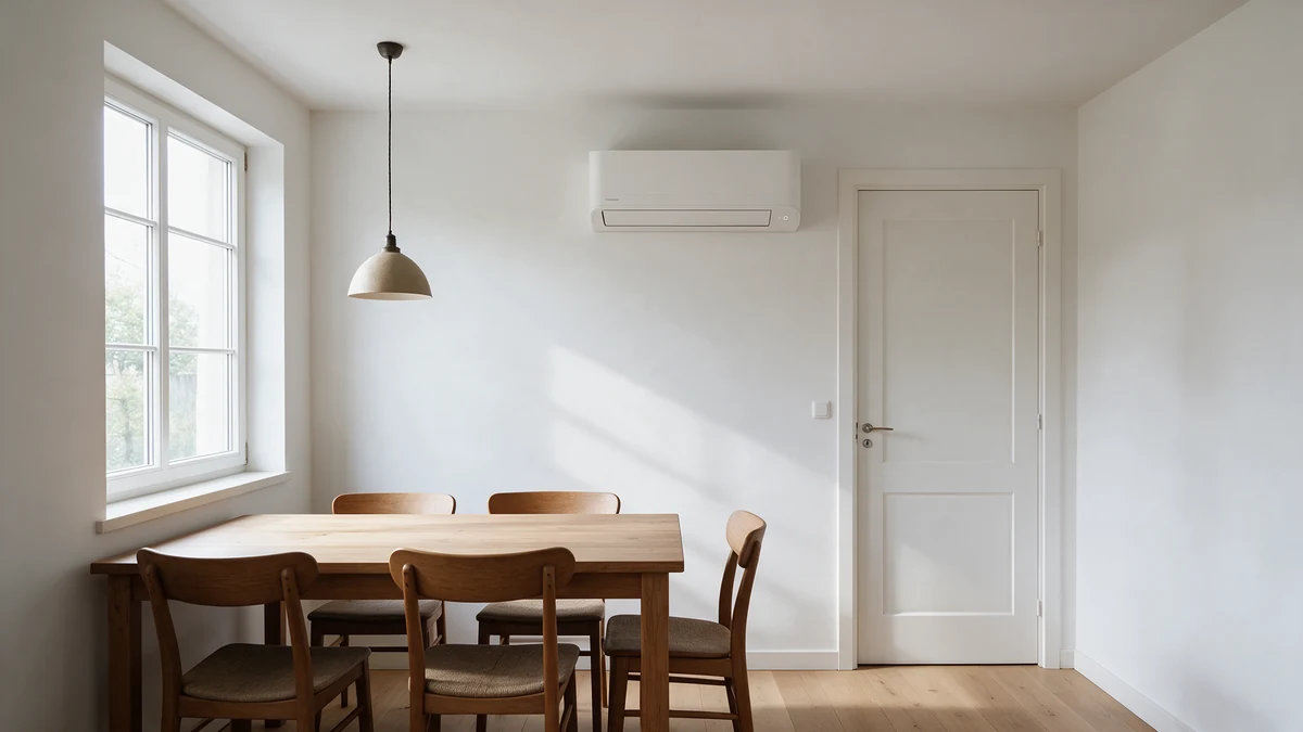 Witte Toshiba Seiya wandairco hoog aan de witte muur van een Nederlandse eetkamer, tussen een raam en een witte binnendeur, boven een houten eettafel met stoelen en een hanglamp.