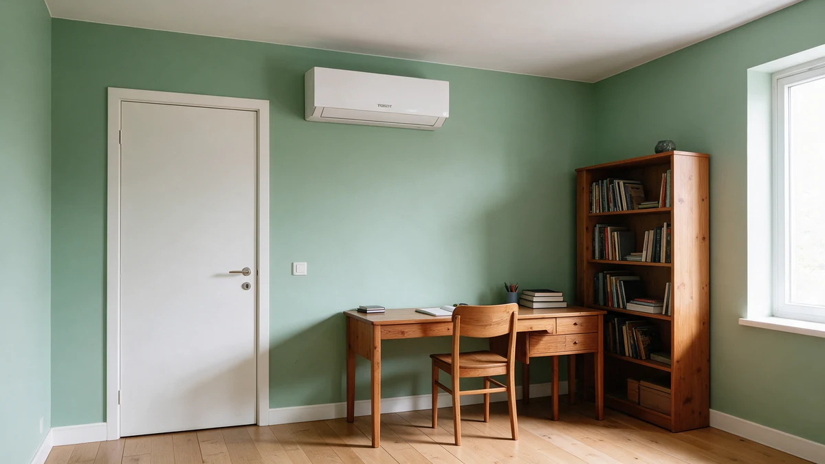 Witte Tosot Clivia wandairco hoog aan de lichtgroene muur van een Nederlandse studeerkamer, naast een witte deur, met een houten bureau en een boekenkast verderop.