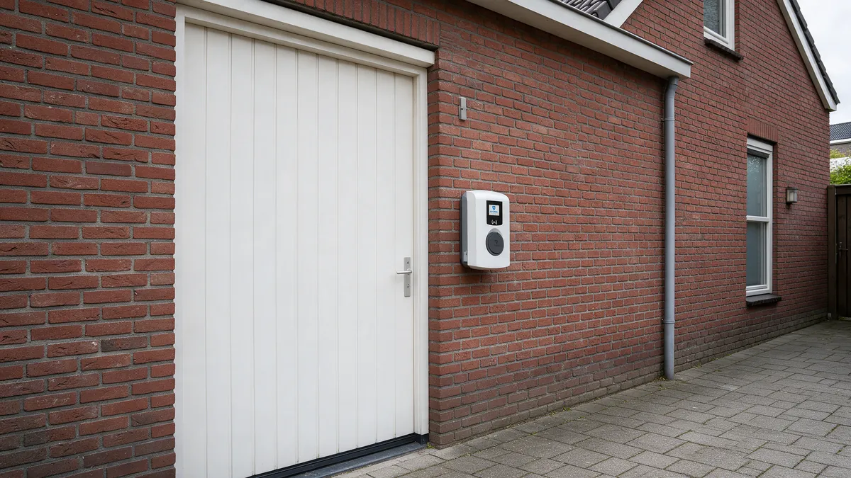 Witte Alfen Eve Single Pro-line laadpaal met display aan de rode bakstenen zijgevel van een Nederlandse twee-onder-een-kapwoning, naast de witte garagedeur en een oprit van grijze klinkers.