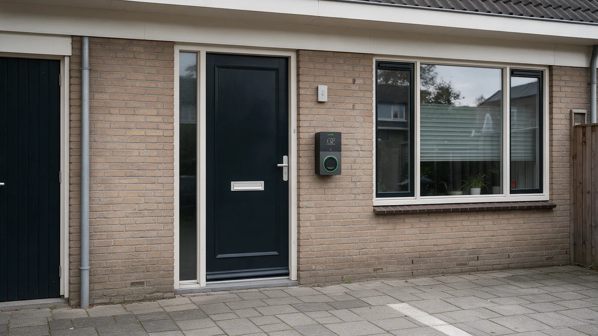 Donkergrijze Autel MaxiCharger AC laadpaal met groene lichtring aan de lichtbruine bakstenen gevel van een Nederlandse rijtjeswoning, naast de donkere voordeur en een parkeerplek van grijze klinkers.