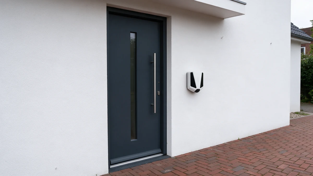 Witte Easee Charge Max laadpaal met donkere zijpanelen aan de witgestucte gevel van een moderne Nederlandse woning, naast de donkergrijze voordeur en een oprit van rode visgraatklinkers.