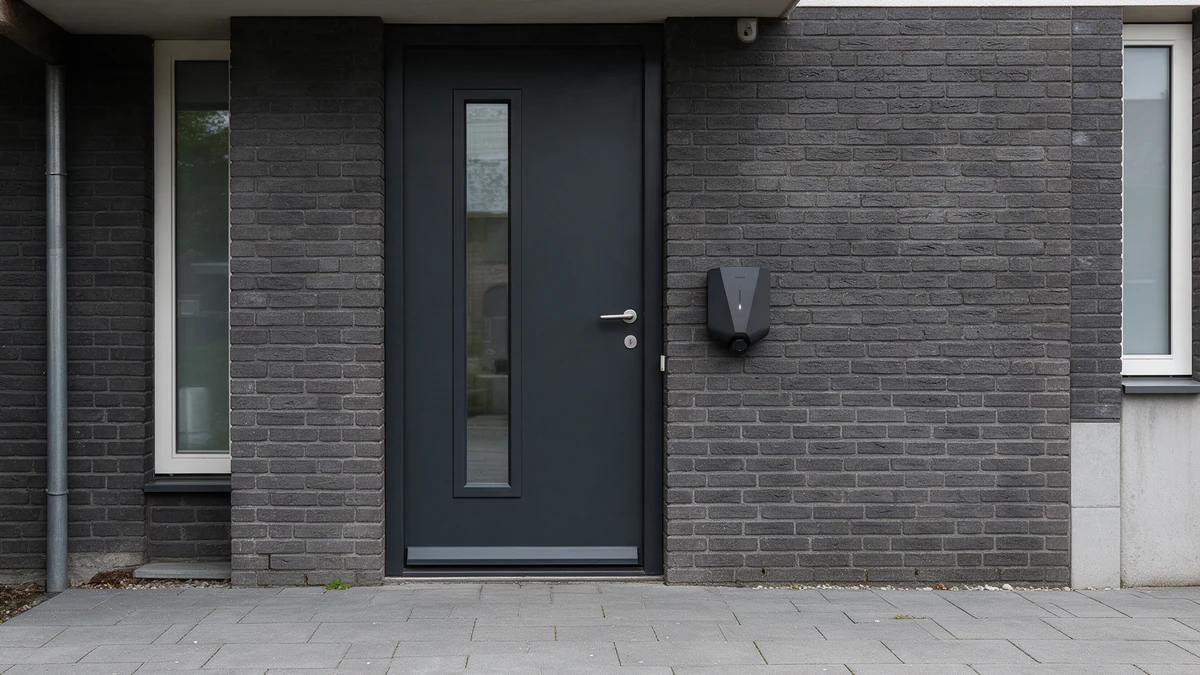 Zwarte Easee Charge laadpaal met witte ledlijn aan de donkergrijze bakstenen gevel van een Nederlandse nieuwbouwwoning, naast de antraciet voordeur boven grijze klinkers.