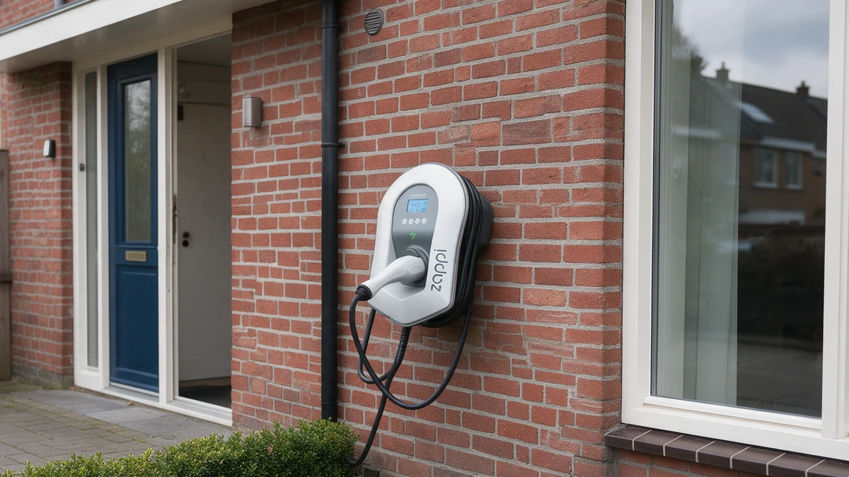Zilverwitte myenergi zappi laadpaal met display en laadstekker aan de rode bakstenen gevel van een Nederlandse rijtjeswoning, naast een parkeerplek en een lage haag.