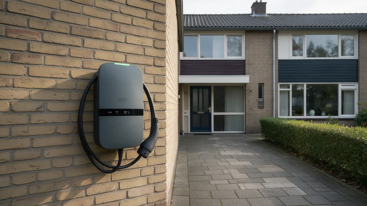 Donkergrijze Peblar Home laadpaal met opgerolde laadkabel aan de geelbruine bakstenen zijgevel van een Nederlandse twee-onder-een-kapwoning, naast een oprit en een lage haag.