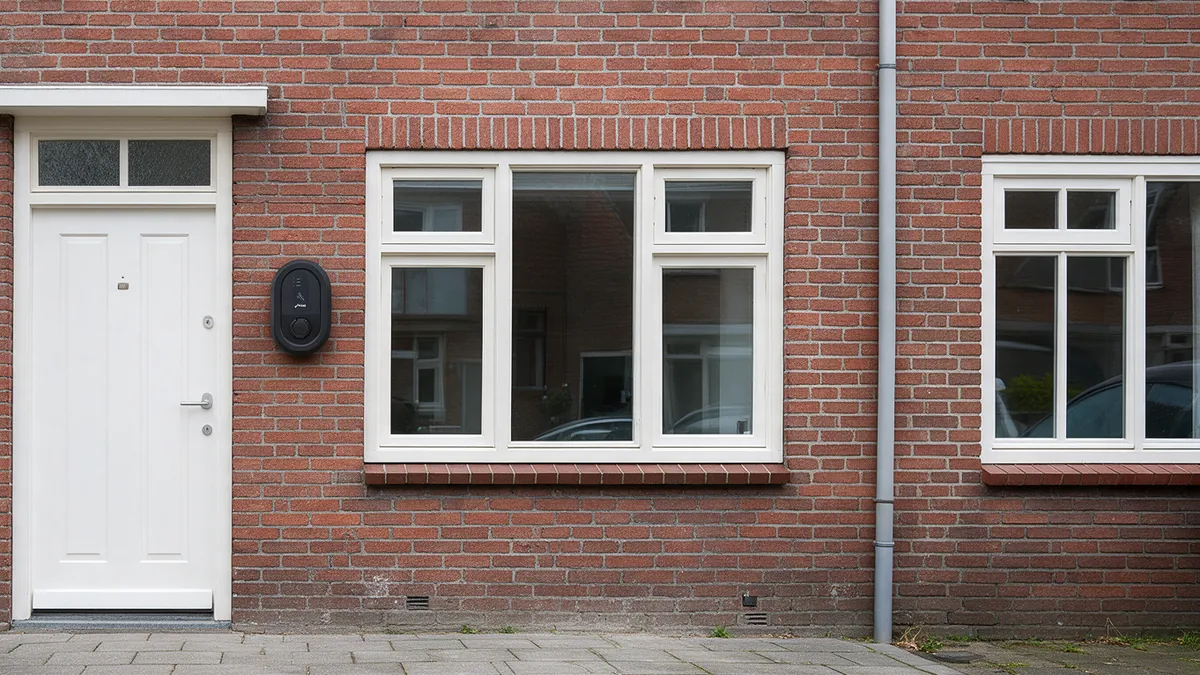 Zwarte Ratio io6 laadpaal aan de rode bakstenen gevel van een Nederlandse rijtjeswoning, tussen de witte voordeur en het raam, boven een oprit van grijze klinkers.