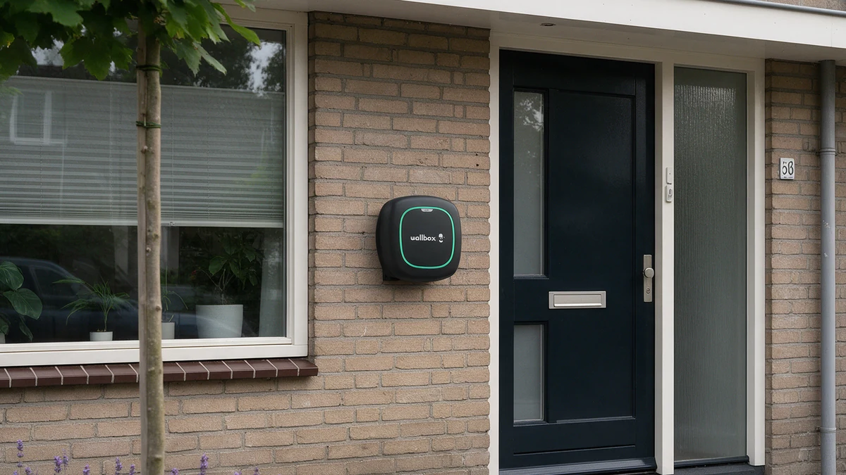 Zwarte Wallbox Pulsar Max laadpaal met groene lichtring naast de voordeur aan de lichtbruine bakstenen gevel van een Nederlandse rijtjeswoning, met lavendel en grijze klinkers.