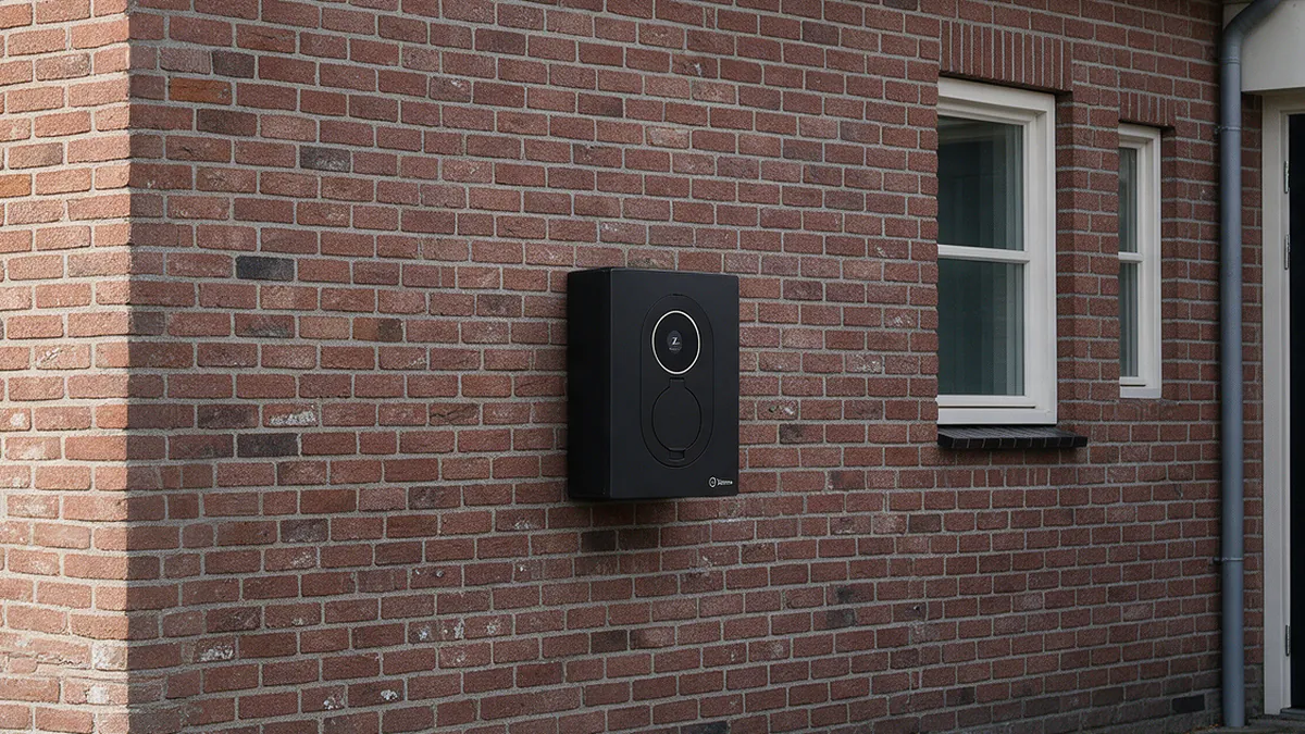 Zwarte Zaptec Go 2 laadpaal met rond display aan de roodbruine bakstenen gevel van een Nederlandse hoekwoning, naast de oprit en een lage geschoren haag.