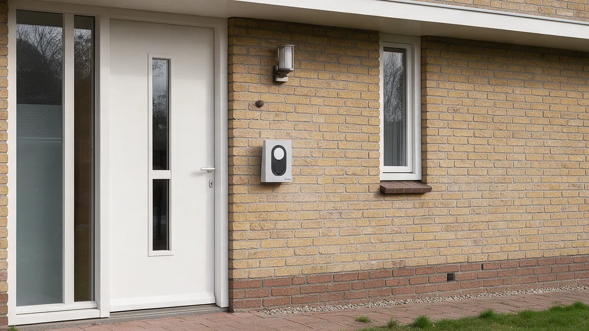 Lichtgrijze Zaptec Go laadpaal met zwart ovaal front aan de geelbruine bakstenen gevel van een Nederlandse vrijstaande woning, naast de witte voordeur onder een buitenlamp, met een oprit van rode klinkers en een gazon.