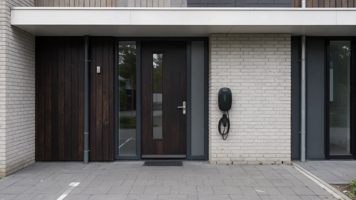 Zwarte Zonneplan Charge 2 laadpaal met groene ledlijn en opgerolde laadkabel aan de lichtgrijze bakstenen gevel van een Nederlandse nieuwbouwwoning, naast de donkere houten voordeur onder een luifel.