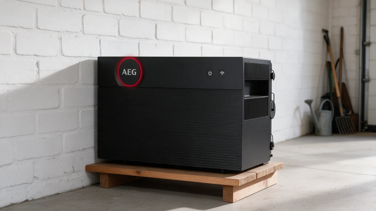 Zwarte AEG SolarCube thuisbatterij met rood verlicht AEG-logo op een lage houten plank tegen de witte bakstenen muur van een Nederlandse garage, met tuingereedschap in de hoek.