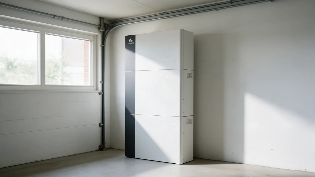 Witte AlphaESS SMILE G3 thuisbatterij met donkere verticale strook tegen de muur van een Nederlandse garage, naast een raam en een grijze kabelgoot.