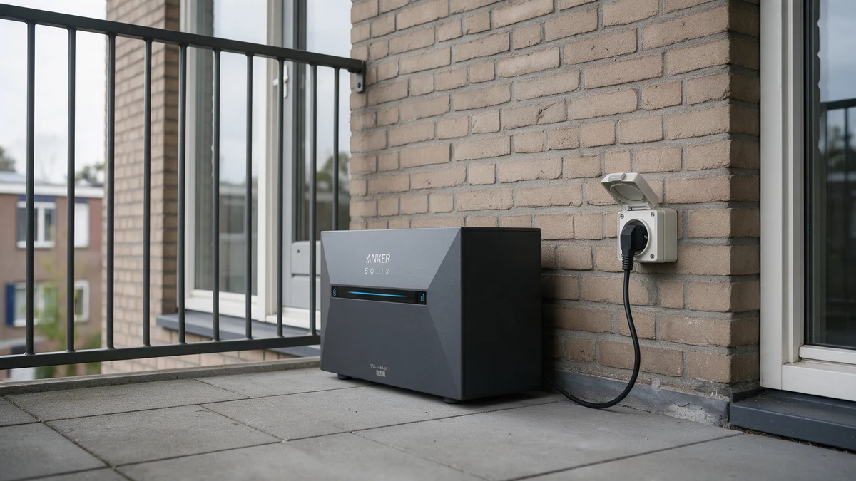 Donkergrijze Anker SOLIX Solarbank 2 AC thuisbatterij op de tegelvloer van het balkon van een Nederlands appartement, tegen de bakstenen muur met de stekker in een spatwaterdichte buitencontactdoos, tussen het balkonhek en de balkondeur.