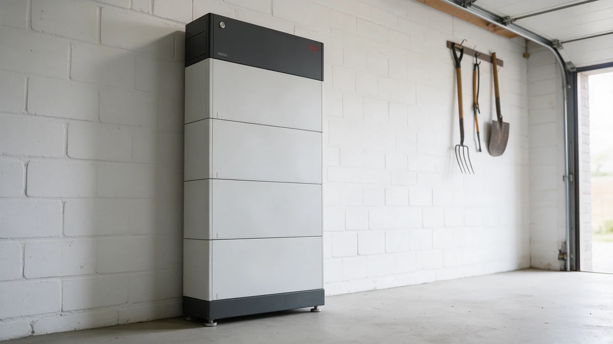 BYD Battery-Box Premium HVS, een toren van lichtgrijze batterijmodules met donkere bovenmodule, tegen de witte bakstenen muur van een Nederlandse garage met betonvloer en tuingereedschap.