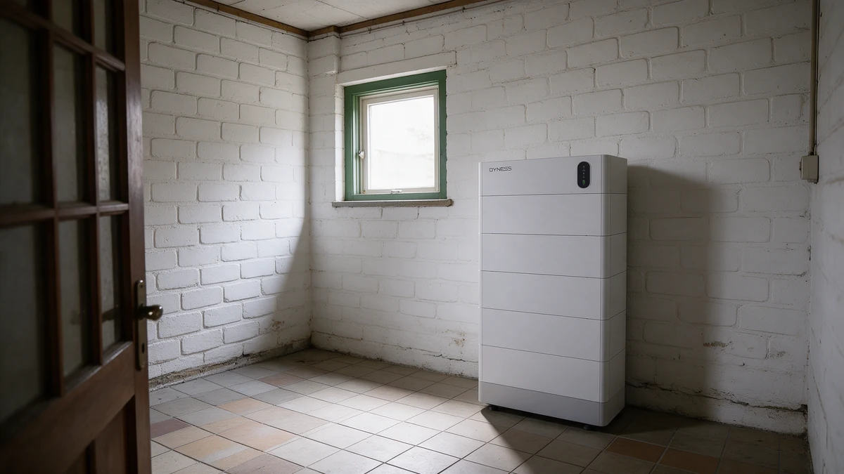 Lichtgrijze Dyness Tower thuisbatterij van gestapelde modules in de berging van een Nederlandse jaren-dertigwoning, met witgeschilderde bakstenen muren, een raampje met groen kozijn en een tegelvloer.