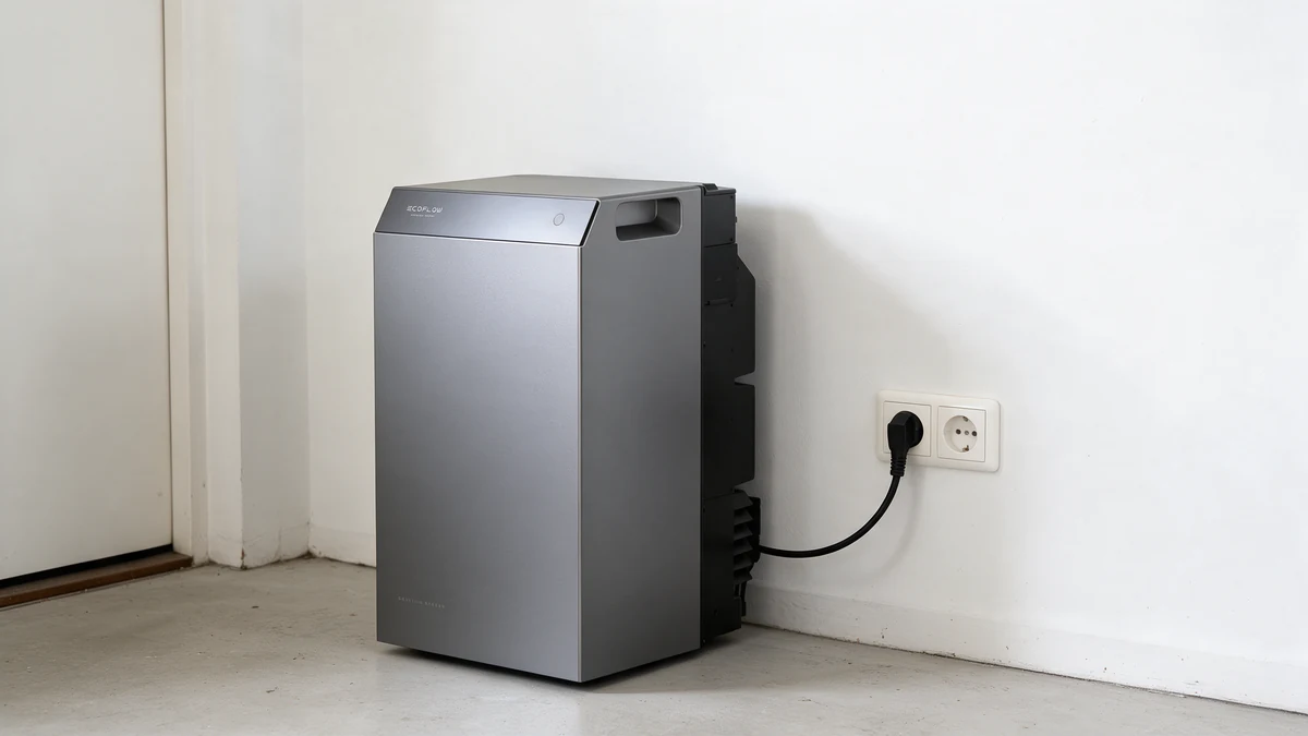 Zilver met zwarte EcoFlow STREAM thuisbatterij op de betonvloer tegen de witte muur van een berging in een Nederlandse rijtjeswoning, met de stekker in een wandcontactdoos ernaast en een binnendeur links.