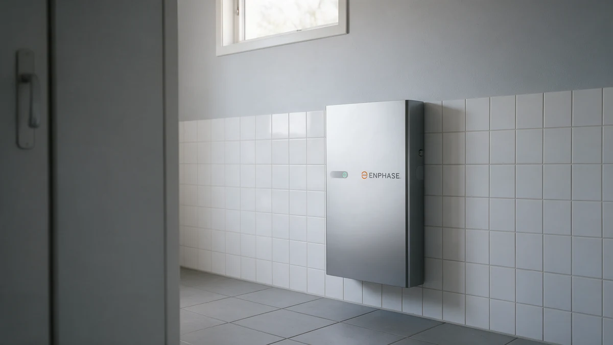 Zilvergrijze Enphase IQ Battery 5P aan de wand van een Nederlandse bijkeuken met witte wandtegels en grijze vloertegels.