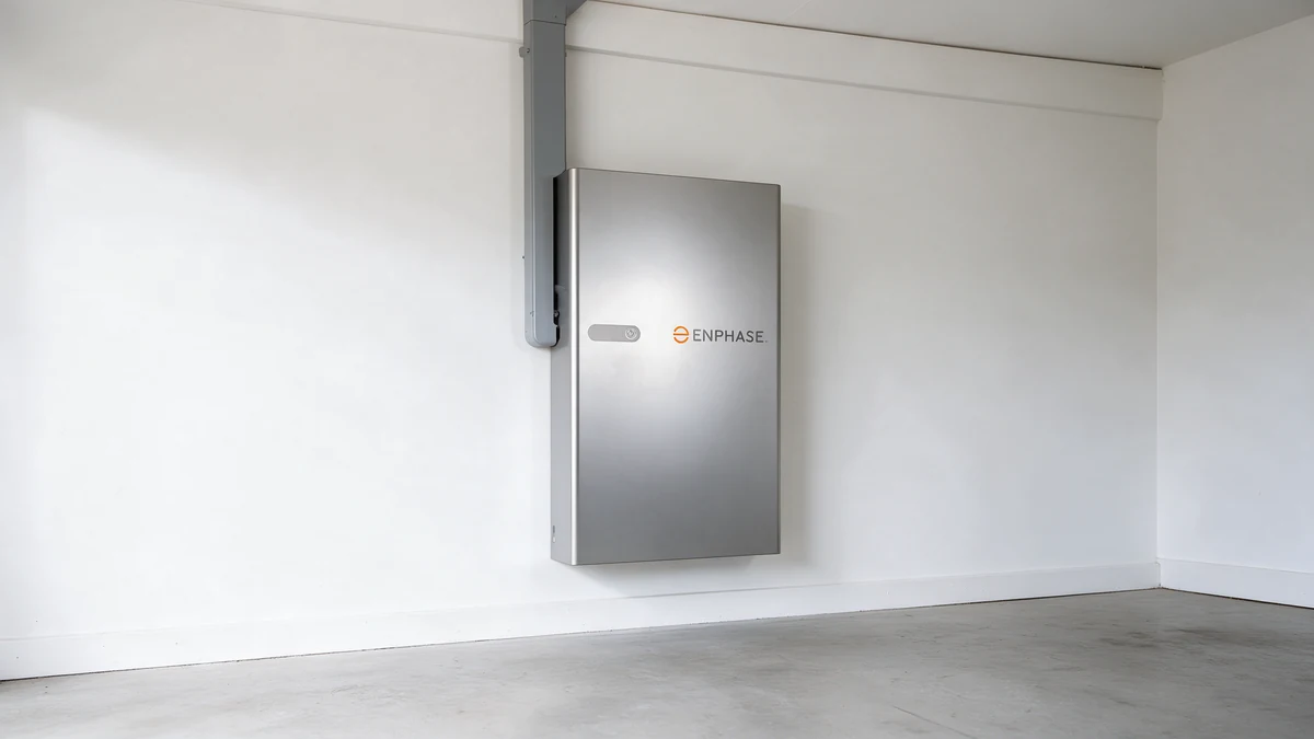 Zilvergrijze Enphase IQ Battery 5P aan de witte muur van een Nederlandse garage, met een grijze kabelgoot naar het plafond.