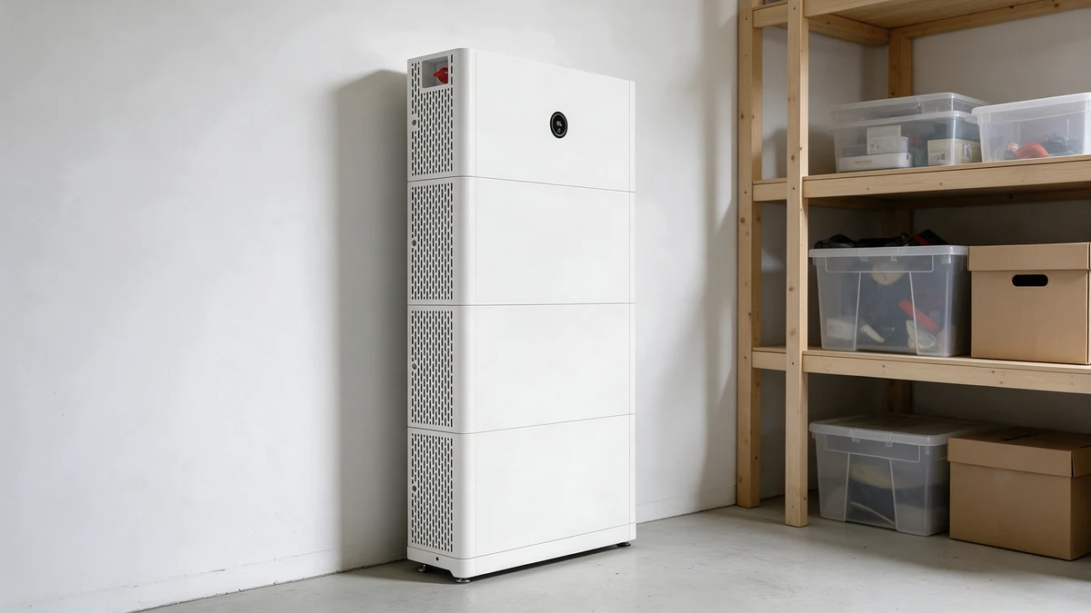 Witte Growatt APX HV batterijtoren met geventileerde zijpanelen in de berging van een Nederlandse nieuwbouwwoning, naast een houten stellingkast met opbergdozen.