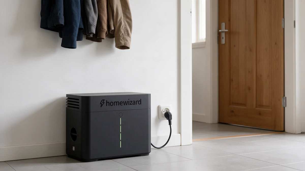 Zwarte HomeWizard Plug-In Battery met groene ledstrip op de tegelvloer van een Nederlandse gang onder een kapstok met jassen, met de stekker in een wandcontactdoos en de houten voordeur ernaast.