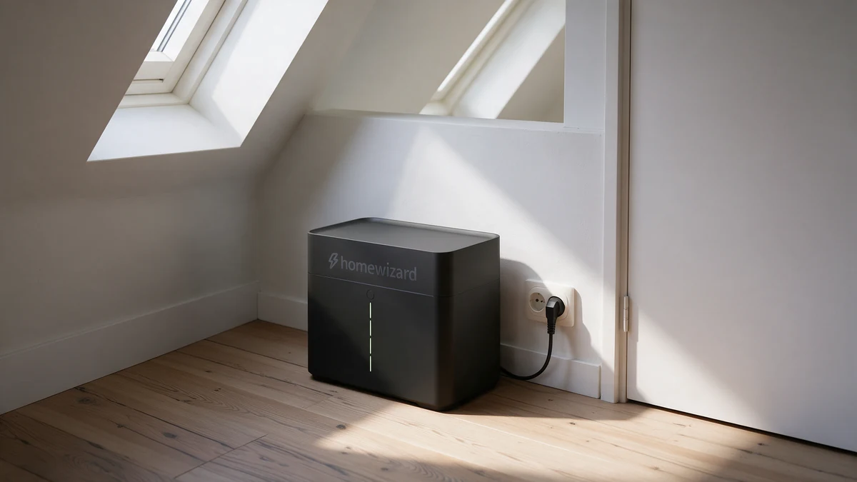 Zwarte HomeWizard Plug-In Battery met groene ledstrip op de houten vloer tegen het witte knieschot van een Nederlandse zolder onder een dakraam, met de stekker in een wandcontactdoos ernaast.