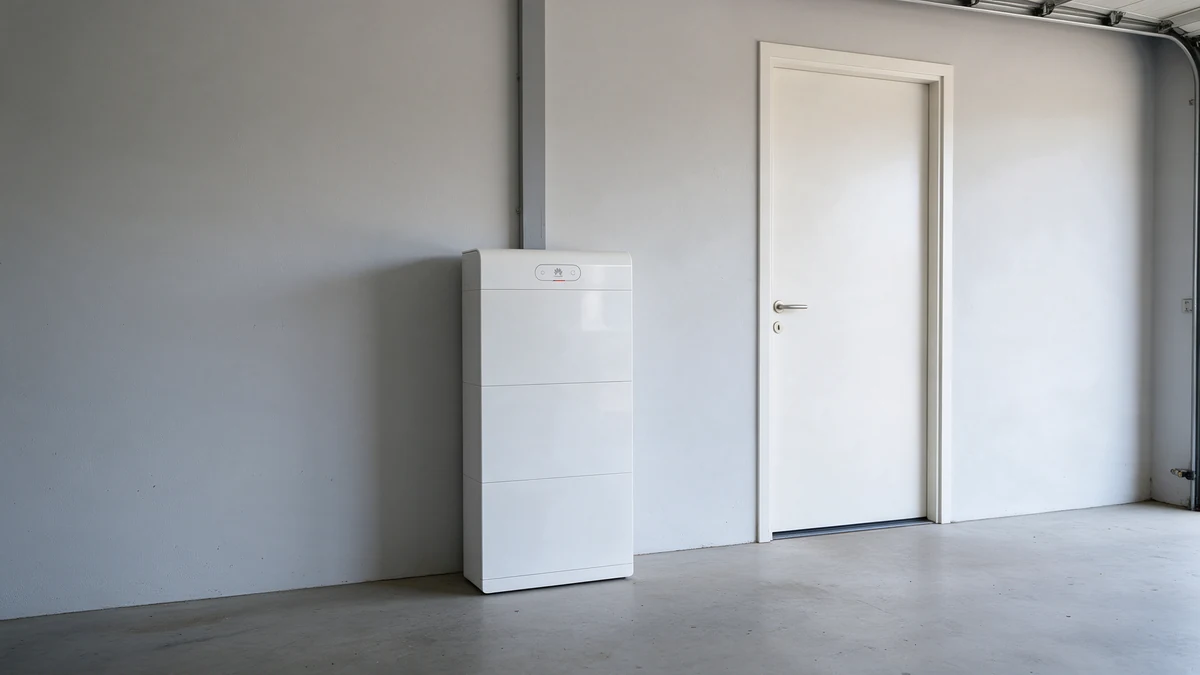 Witte Huawei LUNA2000 thuisbatterij van gestapelde modules tegen de lichtgrijze muur van een opgeruimde Nederlandse garage, naast een witte deur, met een kabelgoot recht omhoog langs de muur.