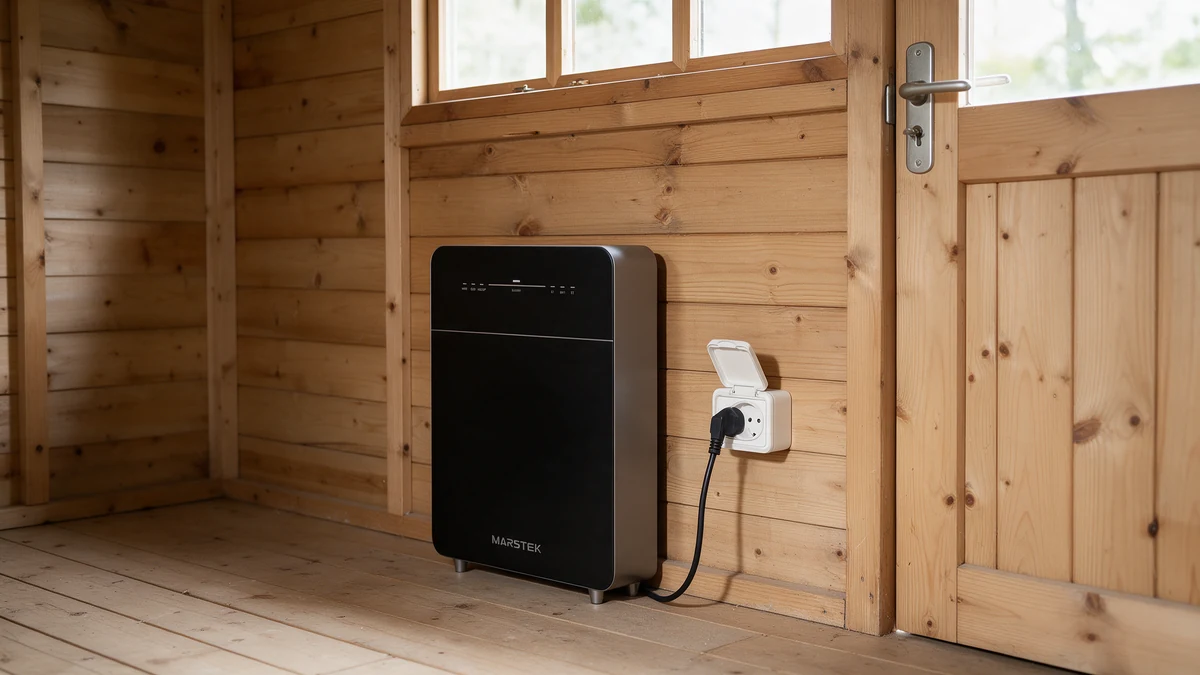 Zwarte Marstek Venus E thuisbatterij met zilveren zijkant op de houten vloer van een Nederlands tuinhuis, tegen de houten wand met de stekker in een spatwaterdichte wandcontactdoos, naast de tuinhuisdeur.