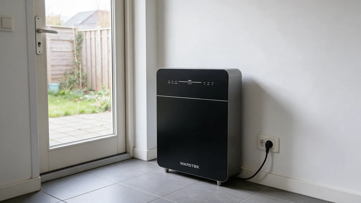 Zwarte Marstek Venus E thuisbatterij met zilveren zijkant op de grijze tegelvloer van een Nederlandse bijkeuken, met de stekker in een wandcontactdoos naast de tuindeur met glas.