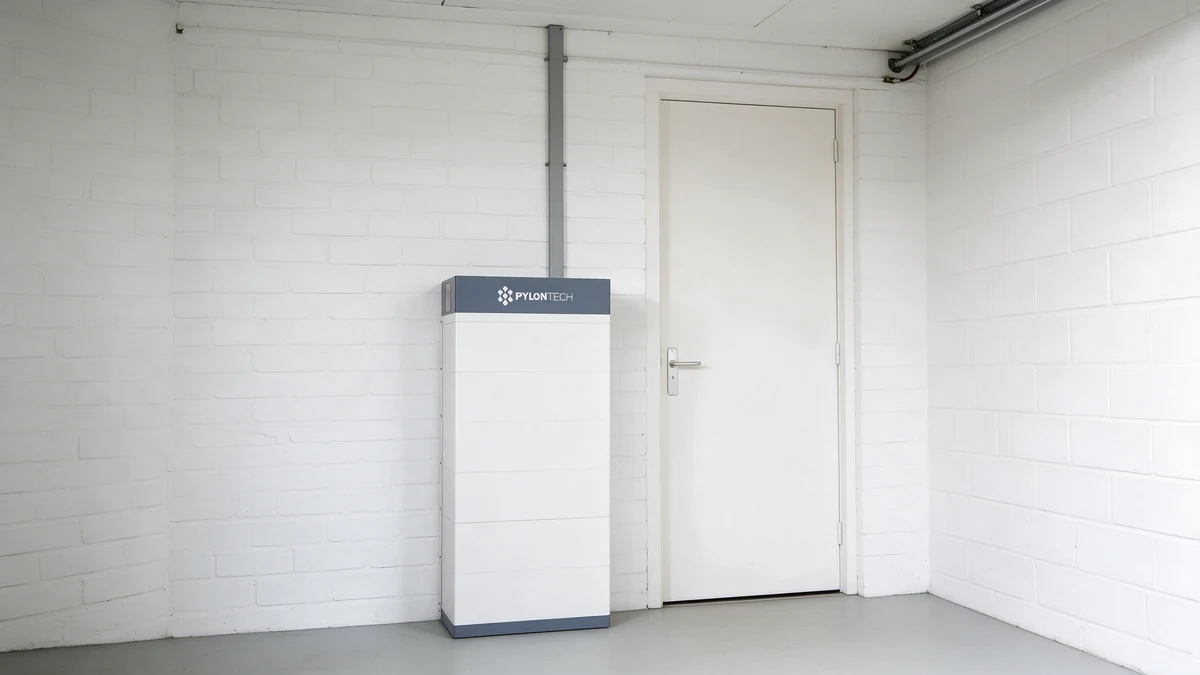 Witte Pylontech Force H3 batterijtoren met blauwgrijze bovenkap tegen de wit geschilderde muur van de technische ruimte in een Nederlandse garage, naast een witte deur, met een kabelgoot recht omhoog.