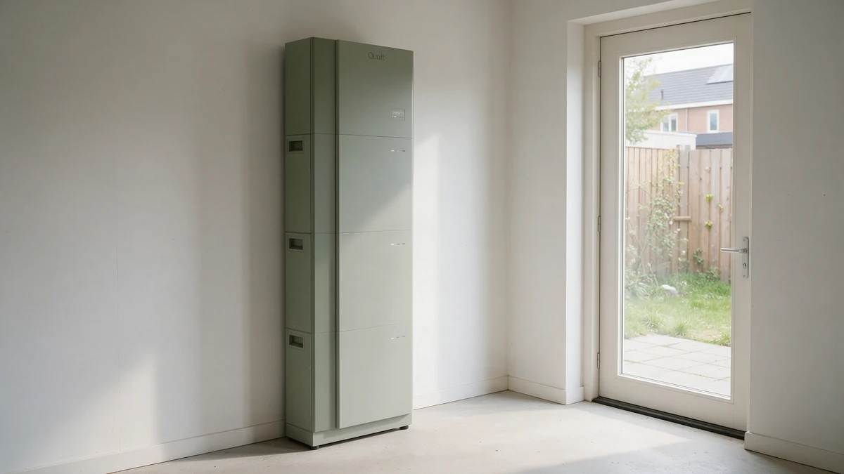 Grijsgroene Quatt-thuisbatterij van gestapelde modules in de berging van een Nederlandse nieuwbouwwoning, naast een deur met glas naar de achtertuin.