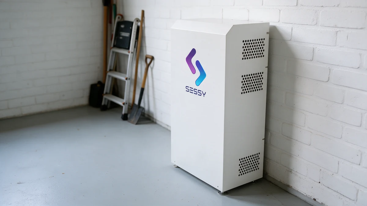 Witte Sessy 2.0 thuisbatterij met paars-blauw logo tegen de witte bakstenen muur van een Nederlandse garage met grijze betonvloer, met een trapje en tuingereedschap verderop.