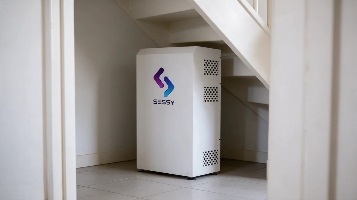 Witte Sessy thuisbatterij met paars-blauw logo in een trapkast van een Nederlandse woning, onder de witte trap.