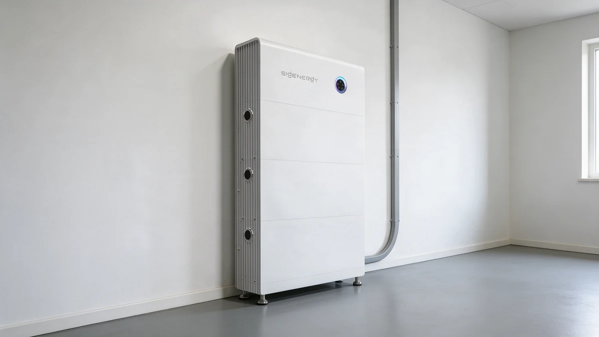 Witte Sigenergy SigenStor thuisbatterij met gegroefd grijs zijpaneel en ronde statusring in een technische ruimte van een Nederlandse nieuwbouwwoning.