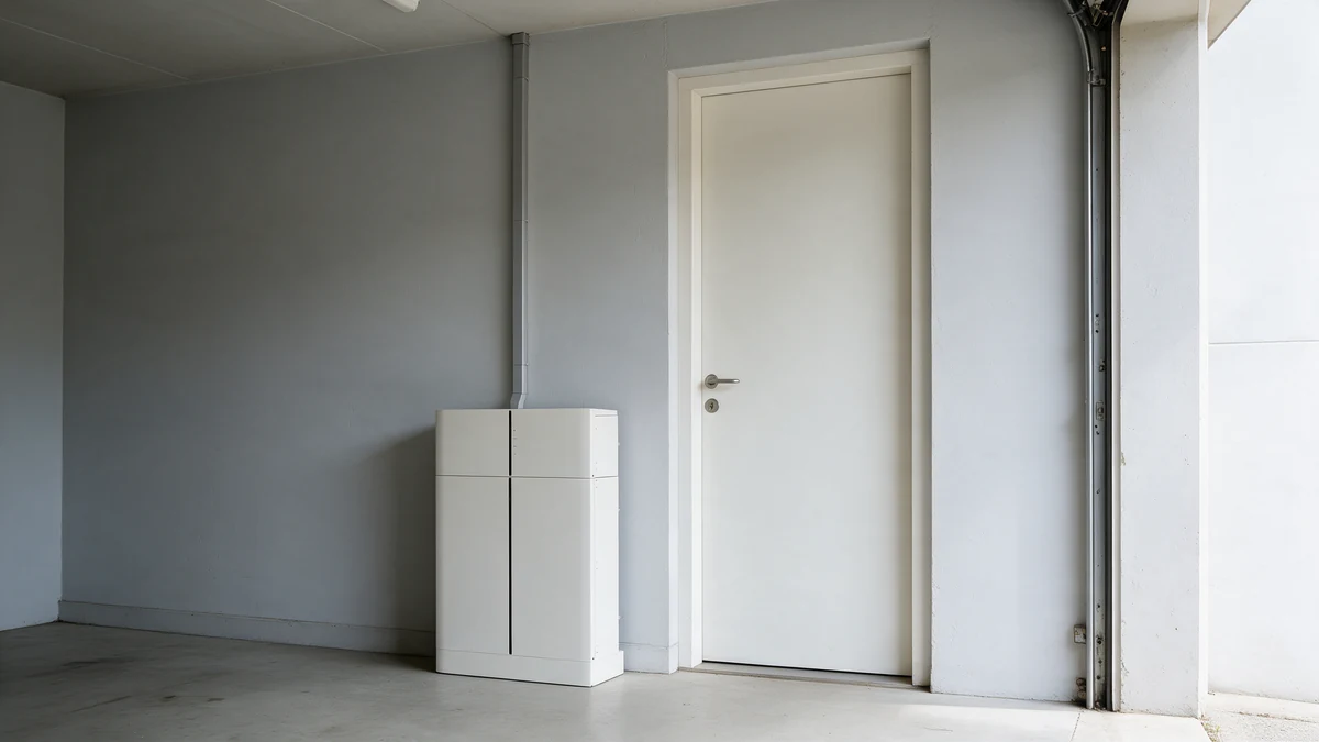 Crèmewitte SolaX T-BAT thuisbatterij met zwarte verticale streep tegen de lichtgrijze muur van een Nederlandse garage, naast een witte deur, met een kabelgoot recht omhoog langs de muur.