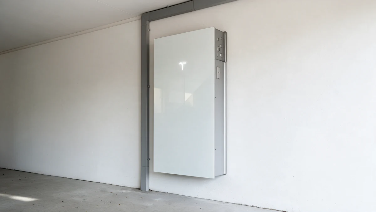 Witte Tesla Powerwall 3 aan de witte muur van een Nederlandse garage met lichtgrijze betonvloer en een grijze kabelgoot.