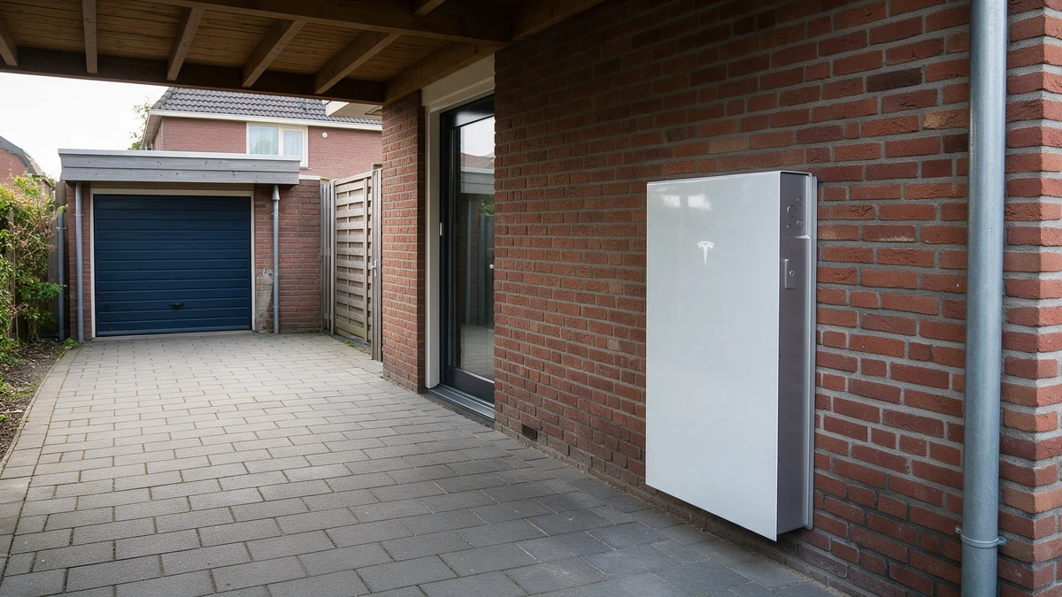 Witte Tesla Powerwall 3 aan de rode bakstenen buitengevel van een Nederlandse twee-onder-een-kapwoning, onder een houten carport naast een oprit van grijze klinkers.