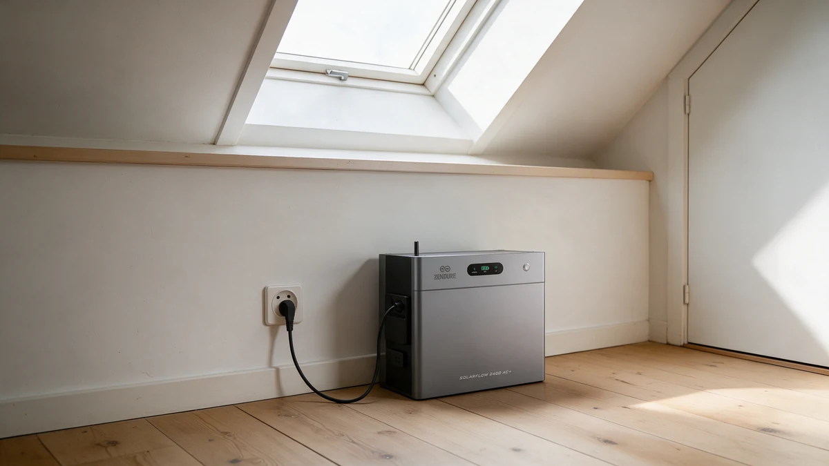 Zilvergrijze Zendure SolarFlow 2400 AC+ thuisbatterij met klein display op de houten vloer tegen het witte knieschot van een Nederlandse zolder onder een dakraam, met de stekker in een wandcontactdoos ernaast.