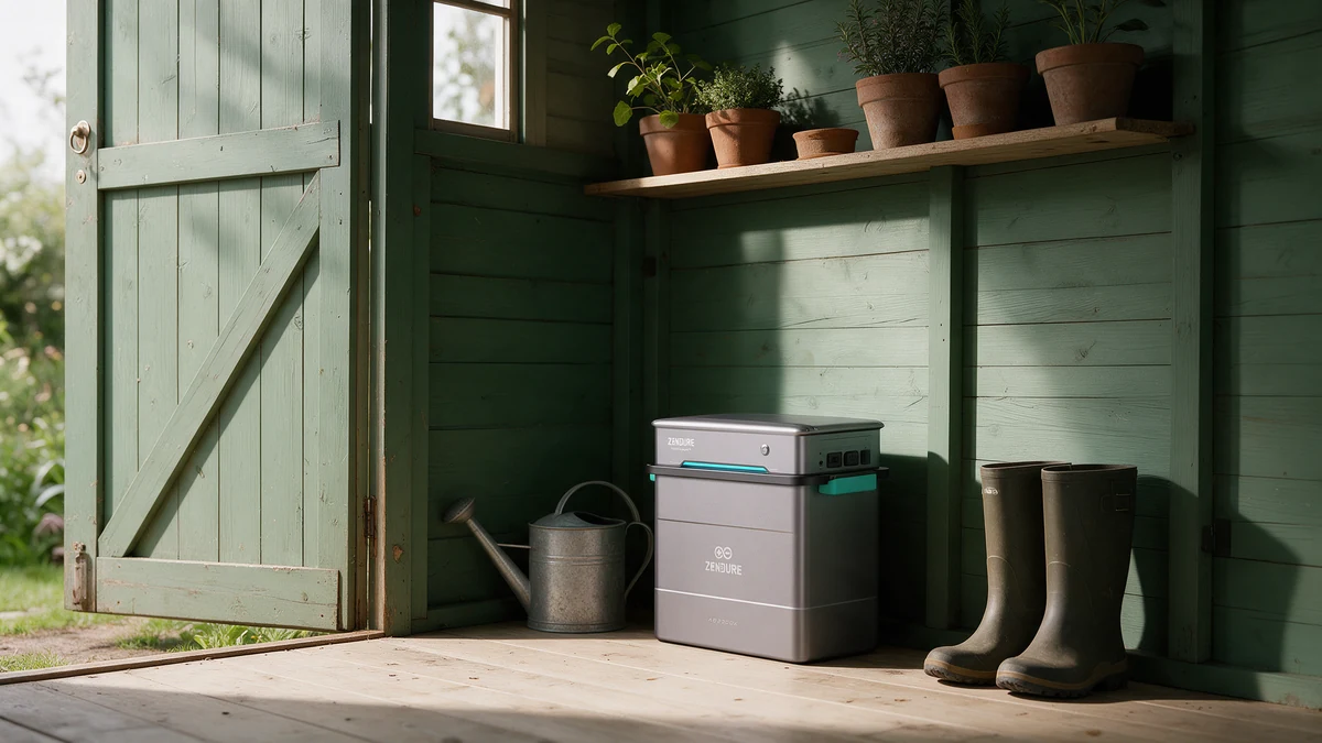 Zilvergrijze Zendure SolarFlow Hyper 2000 met turquoise draagbanden op de houten vloer tegen de groen geschilderde wand van een Nederlands tuinhuis, naast een gieter en tuinlaarzen.