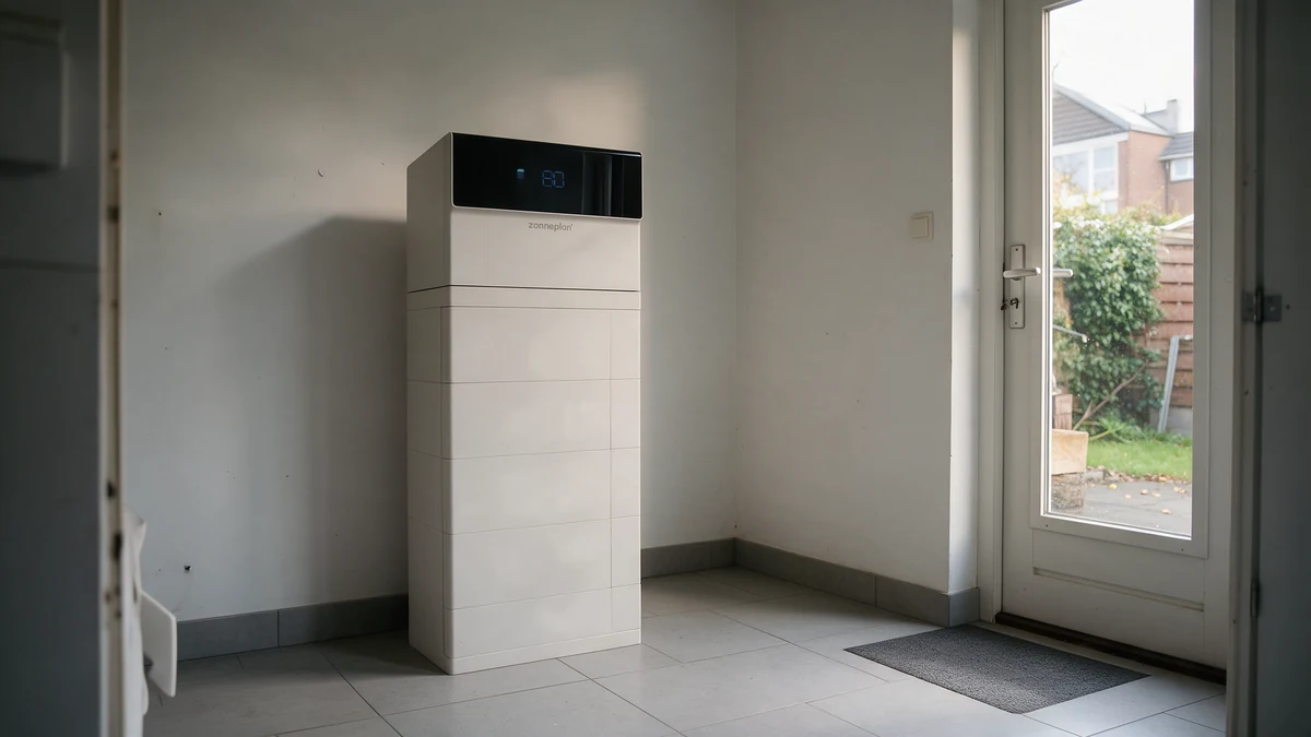 Crèmewitte Zonneplan Nexus thuisbatterij met zwart display in de bijkeuken van een Nederlandse rijtjeswoning, naast een glazen deur naar de achtertuin.