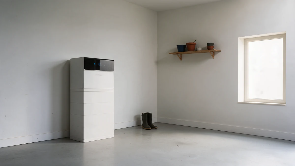Crèmewitte Zonneplan Nexus thuisbatterij met zwart display tegen de muur van een Nederlandse nieuwbouwgarage, met rubberlaarzen en een plank met bloempotten.