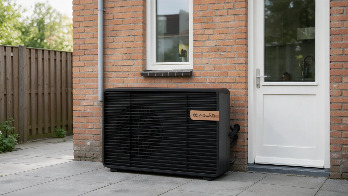 Matzwarte Adlar Castra Aurora buitenunit met houten naamplaatje op rubberen voeten tegen de oranjerode bakstenen achtergevel van een Nederlandse twee-onder-een-kapwoning, onder het keukenraam naast de witte achterdeur.